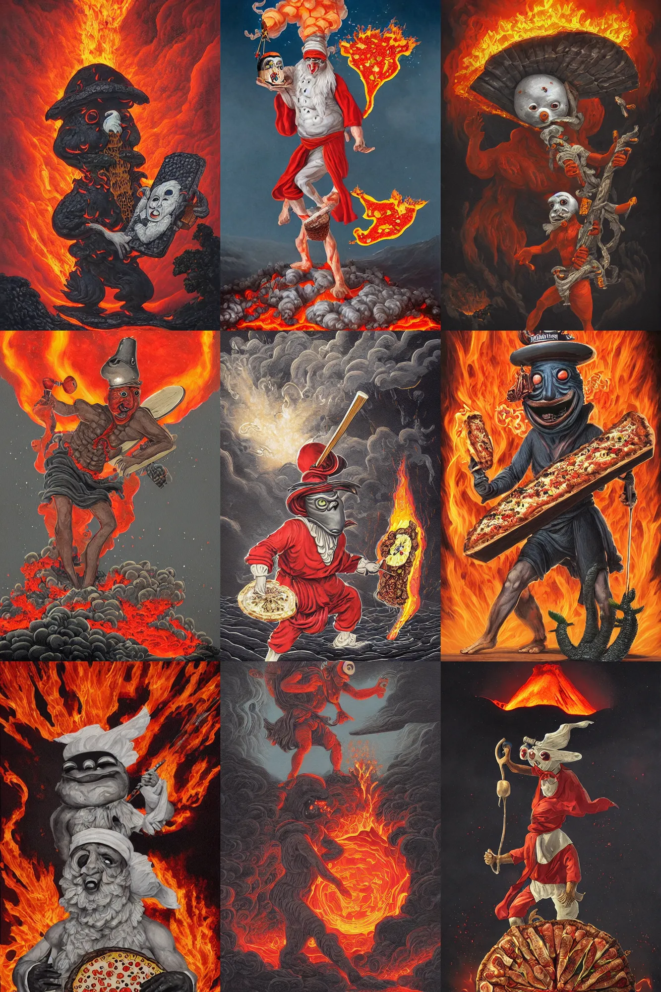 Prompt: an extremely detailed pulcinella di napoli holding a large pizza in front of a volcano spewing lava and black smoke, from below, streams of glowing hot lava, flashes of lightning in the distance, wide shot, long shot, an ultrafine detailed painting by joe fenton, deviantart, pop surrealism, whimsical