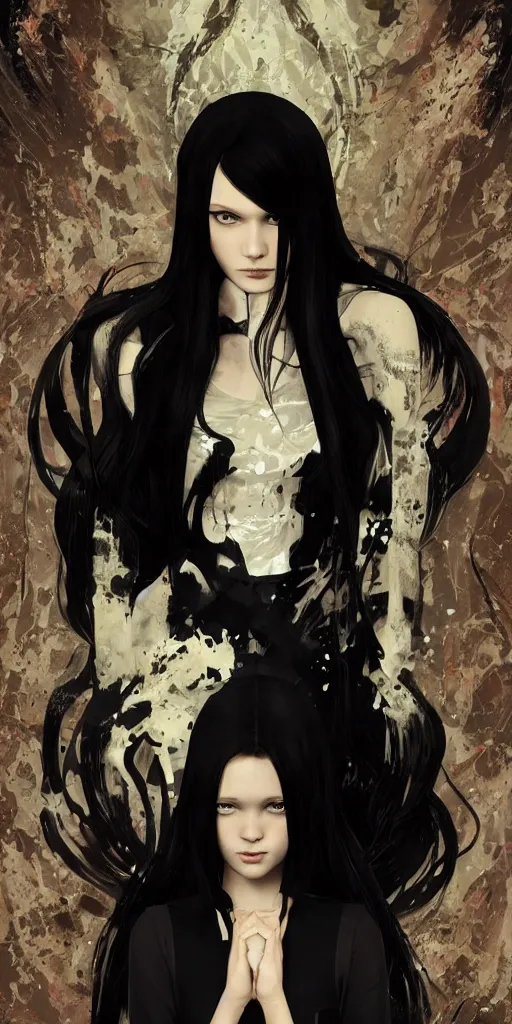 Image similar to character poster of young girl with straight long black hair wearing black dress sitting in bathroom floor, poster by capcom art team collaborating with artgem, greg rutkowski and mario testino