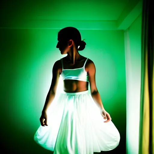 Prompt: cute girl wearing white dancing joyfully in her bedroom at night, dark green atmospheric lighting, elegant, highly detailed, heavy grain, sharp focus, depth of field, radiant light, 8 k, hdr, beautiful composition, photographed by steve mccurry