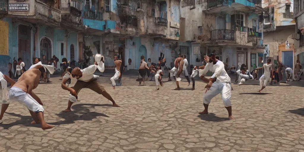 Prompt: people playing capoeira in Salvador Bahia, by Greg Rutkowski, 4k, volumetric lighting, HD, high details, dramatic, trending on artstation