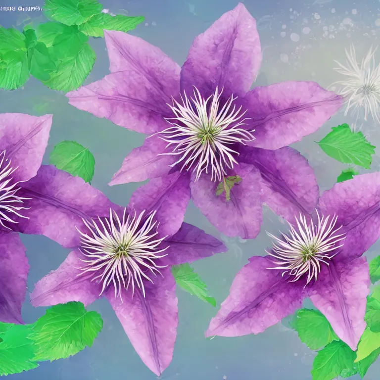 Prompt: clematis theme logo, clematis theme banner, clematis design, clematis in the deep sea, clematis like stars in the sky, hydrangea, trending on artstation, warm light, lovely and cute, fantasy art, 8 k resolution, highly detailed