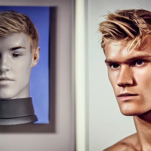 Image similar to a realistic detailed photo of a guy who is an attractive humanoid who is half robot and half humanoid, who is a male android, soccer player martin ødegaard, shiny skin, posing like a statue, blank stare, in a living room, on display, showing off his muscles