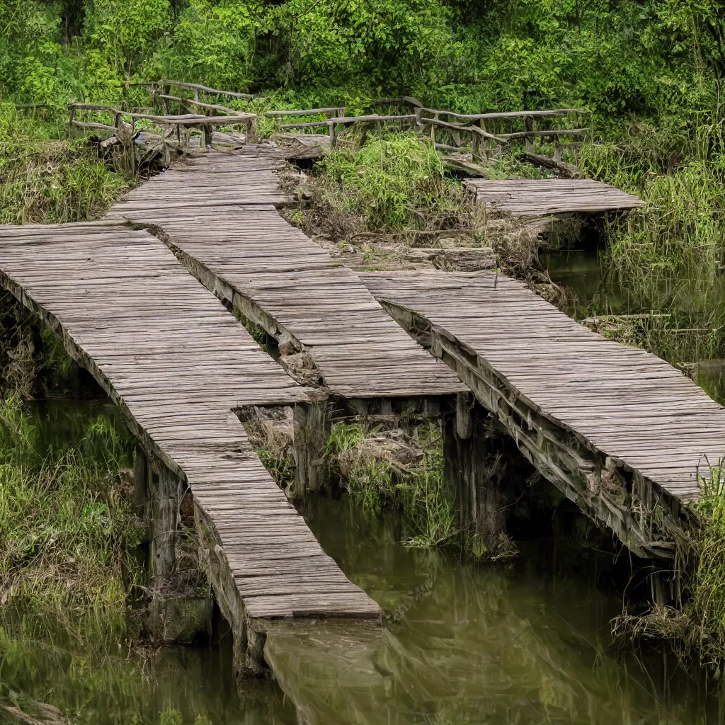 Image similar to old wooden bridge to small very polluted pond, scary, ambient, smoking, shocking, very detailed, 4 k, professional photography