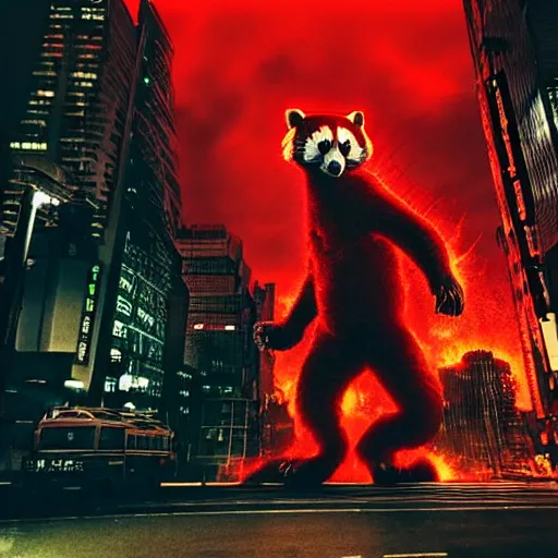 Image similar to red panda destroying tokyo in the style of the movie godzilla, cinematic lighting, cinematic framing and shadows 1 9 7 0 s aesthetic