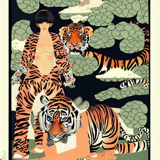 Image similar to a delorean protecting a tiger, japanese magazine collage, art by hsiao - ron cheng and utagawa kunisada