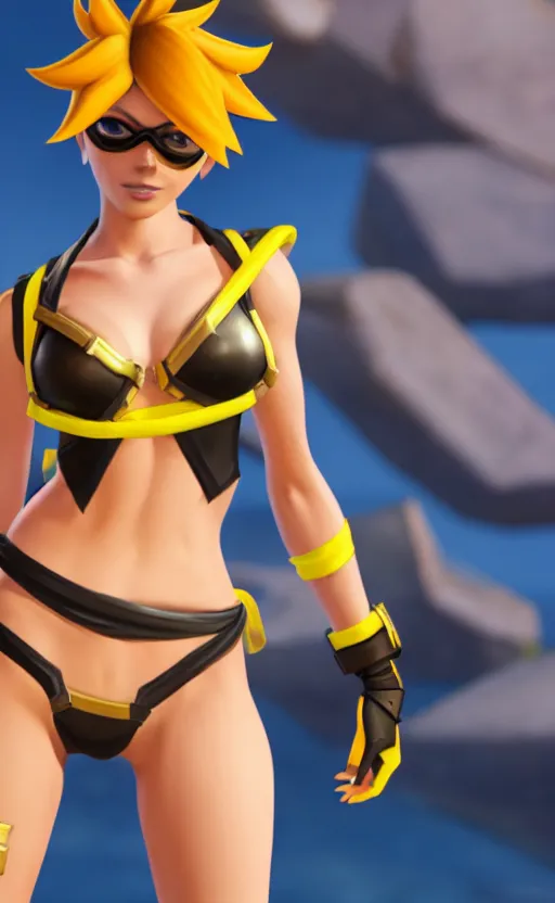 Image similar to tracer game character, in yellow bikini, blonde hair, black eyes, full height
