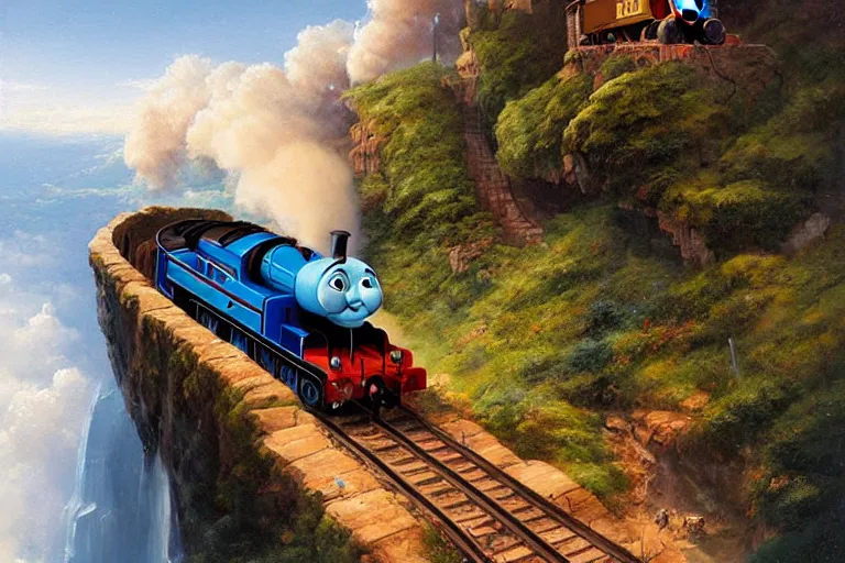 Image similar to thomas the tank engine ramping off a cliff because tracks ended, an oil painting by ross tran and thomas kincade