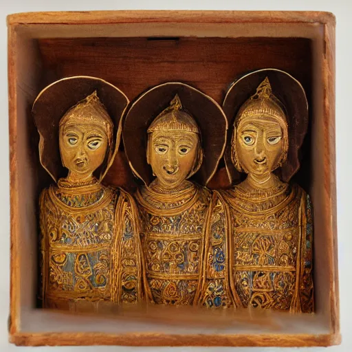 Prompt: Amazed 3 sisters of the congregation open the intricate wooden box, golden light shines on their faces while they open the lid, highly detailed