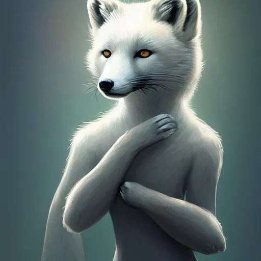 Image similar to elegant anthropomorphic arctic fox butler!!! by artgerm, victo ngai, ryohei hase, artstation, highly detailed digital painting, smooth, global illumination, fantasy art by greg rutkowsky, karl spitzweg