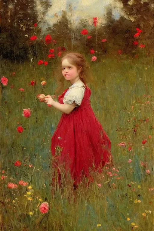 Image similar to Solomon Joseph Solomon and Richard Schmid and Jeremy Lipking victorian genre painting portrait painting of a beautiful young village girl in an open field of flowers, red background