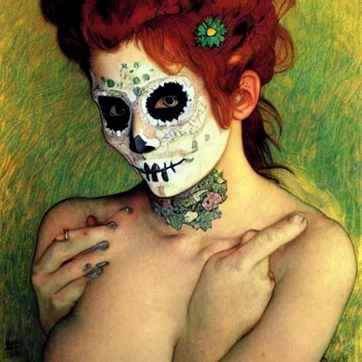 Image similar to realistic detailed painting of a cute punk Día de los Muertos girl by Henri de Toulouse-Lautrec Alphonse Mucha Egon Schiele Ayami Kojima Amano Charlie Bowater, masterpiece