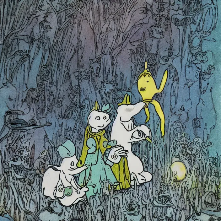 Image similar to moomins, photorealism by h. r. giger, tim burton, full colour spectrum, iridescent specular highlights, supersampled, 8 k, beautify