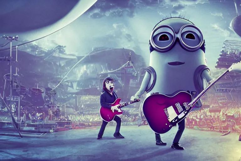 Prompt: the beatles performing with guitars, a giant flying minion at background, sci fi, art by mike winkelmann, trending on cgsociety, retrofuturism, darksynth, sci - fi