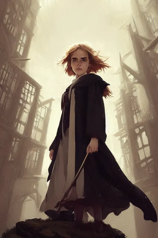 Image similar to Poster artwork, Emma Watson as Hermione Granger, wearing hogwarts robes, magnificent, medium close up, details, sharp focus, elegant, highly detailed, illustration, by Jordan Grimmer and greg rutkowski and PiNe(パイネ) and 薯子Imoko and 香川悠作 and wlop!!!! and maya takamura, intricate, beautiful, sunset!!!, Trending artstation, pixiv, digital Art