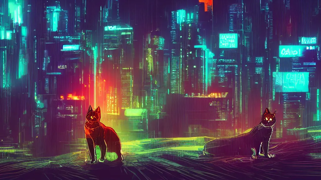 Prompt: digital art of a cat on a hill looking a cyberpunk city by greg rutkowsky, 4k,neon noir ,very beautiful,details