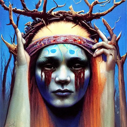 Prompt: A young blindfolded shaman woman with a decorated headband from which blood flows, blue hair and wood on her head. The background is a forest on fire, made by Esao Andrews and Karol Bak and Zdzislaw Beksinski