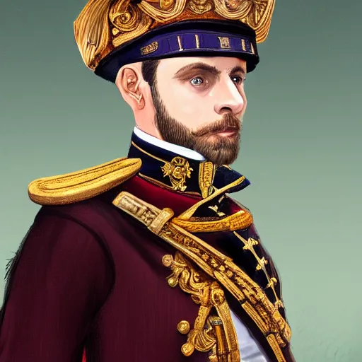 Image similar to man wearing a 19th century ceremonial officers uniform, intricate, elegant, highly detailed, digital painting, artstation, concept art, matte, sharp focus, illustration