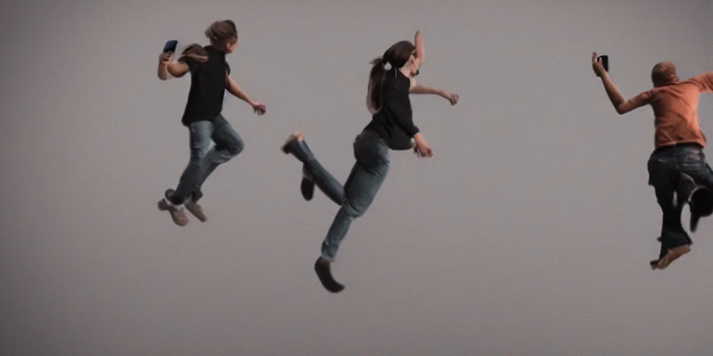 Image similar to a photo realistic image a person jumping out of a smartphone screen