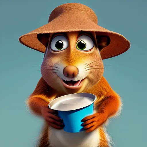 Image similar to a squirrel wearing a bucket hat. pixar.