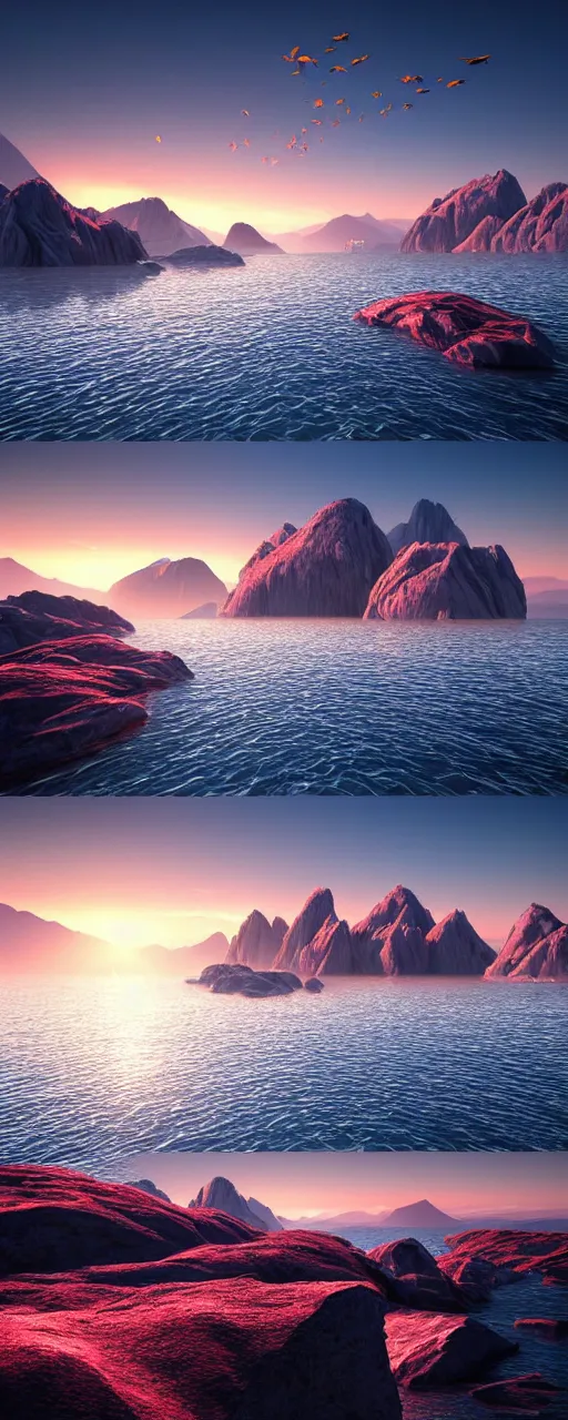 Image similar to super detailed color lowpoly art, northern sunset with rocks on front, monochrome photorealistic bay in the middle of perspective and mountains at background, big graphic ship in the middle of composition, unreal engine, high contrast color palette, 3 d render, lowpoly, colorful, digital art, perspective, robb cobb