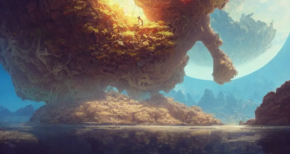 Image similar to a beautiful desert oasis!!!! with crystal clear water with an incomprehensibly large monster!!!! the size of a planet looking down from the sky, by wlop and peter mohrbacher, extremely detailed shading, concept art, digital painting, trending on artstation, unreal engine 5, octane render, atmosphere, glow, cinematic lighting