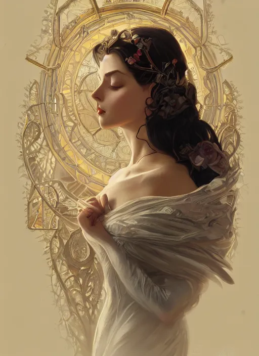 Prompt: symmetry!! sleeping beauty, machine parts embedded into face, intricate, elegant, highly detailed, digital painting, artstation, concept art, smooth, sharp focus, illustration, art by artgerm and greg rutkowski and alphonse mucha, 8 k