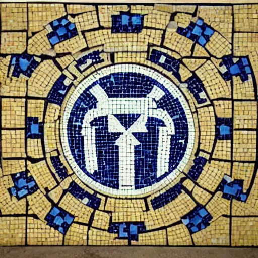 Image similar to from outside looking within the dimly lit ancient temple, punisher symbol in the form of a detailed tile floor mosaic in the form of punisher symbol in spotlight