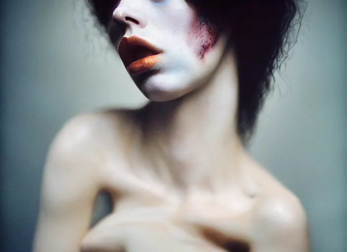 Image similar to cinestill 5 0 d photo portrait of a beautiful woman in style of tim walker by roberto ferri, body skin in part weird marble, hair is intricate liquid metal, 1 5 0 mm lens, f 1. 2, sharp focus, ethereal, emotionally evoking, head in focus, bokeh volumetric lighting, tonal colors outdoor