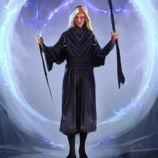 Image similar to Young, handsome wizard with a blonde ponytail wearing exquisite black robes, a spider cloak and wielding a legendary staff of light. Magic flux. High fantasy, digital painting, HD, 4k, detailed.
