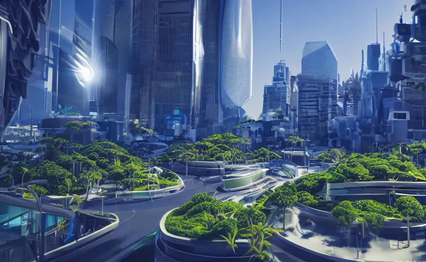 Image similar to futuristic modern city with plants growing. daylight. sunlight. lens flare. light fixtures. 8 k. detailed. photorealism. artstation. 2 5 mm f / 1. 7 asph lens. ultra realistic