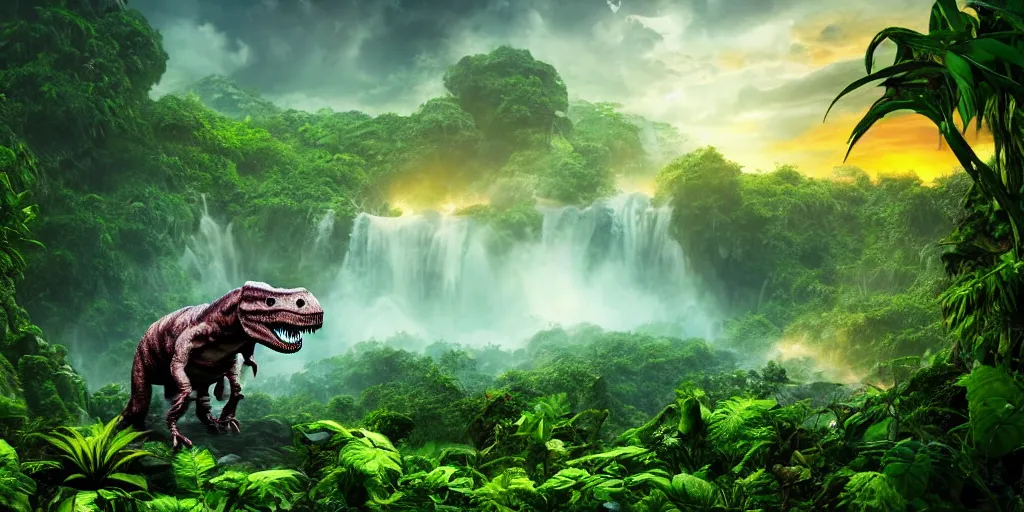 Image similar to a ghost dinosaur in a prehistoric jungle, lush flora, waterfall, mountains, dark towering clouds, flowers, vines, sunset, volumetric lighting, rtx on, washed out colors, an award winning digital render, beautiful, ultradetailed, great composition