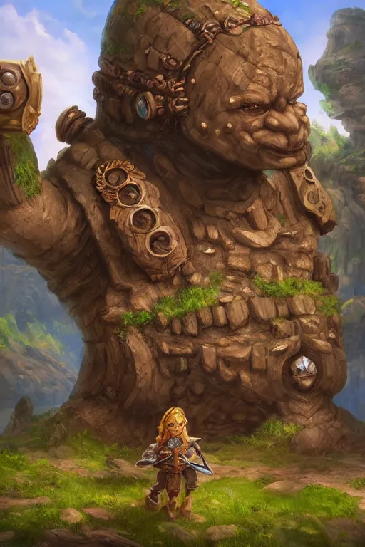 Image similar to zelda fantasy art giant golem troll wood rock greeble gemstone, global illumination ray tracing hdr fanart arstation by sung choi and eric pfeiffer and gabriel garza and casper konefal