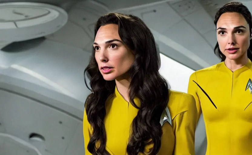 Image similar to Gal Gadot, wearing a yellow uniform, is the captain of the starship Enterprise in the new Star Trek movie