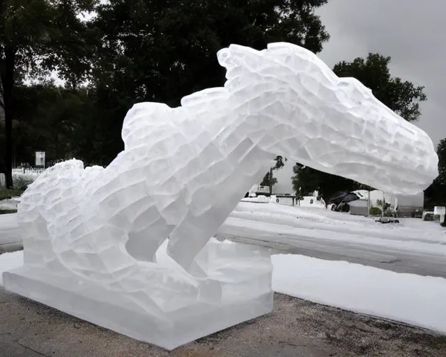 Image similar to ice sculpture inspired by a man made sculpture of a dinosaur. angels everywhere.