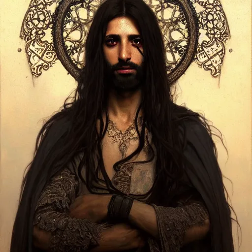 Prompt: portrait painting of a middle - eastern man with shoulder length hair and wearing a tattered black feather cloak and coat, ultra realistic, concept art, intricate details, eerie, highly detailed, photorealistic, octane render, 8 k, unreal engine. art by artgerm and greg rutkowski and charlie bowater and magali villeneuve and alphonse mucha