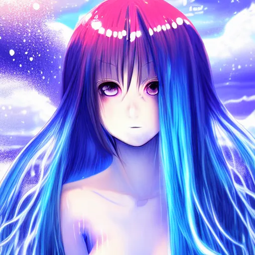 Image similar to glitched and crack sensor, advanced digital anime art, a very cute gorgeous teenage girl with a body made of fire and ice wearing a dress made of water , full body, very long snow colored hair, sky blue highlights in hair, red fiery watery eyes, full round face, dramatic cinematic lighting, highly intricately detailed, trending on pixiv, Artstation, painted by Rossdraws and the style of Sakimimichan