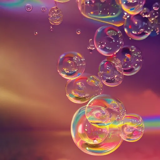 Image similar to perfume floating in rainbow soap bubbles, path traced, environment, highly detailed, concept art, realistic, octane render, up close shot shinji aramaki, karol bak, alphonse mucha