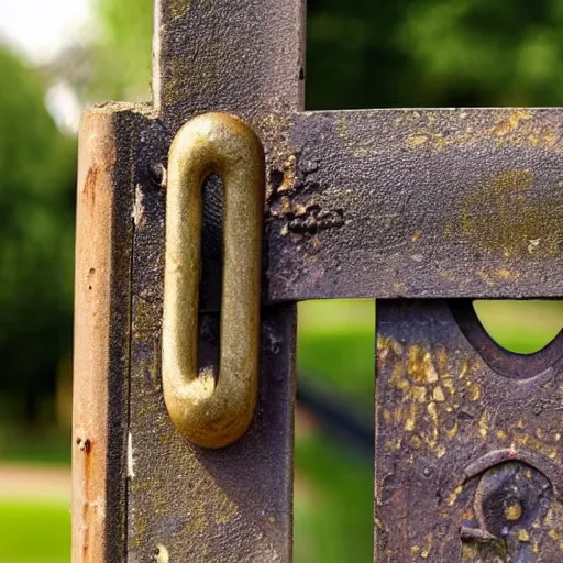 Prompt: a close up of a garden gate with a rusty metal latch