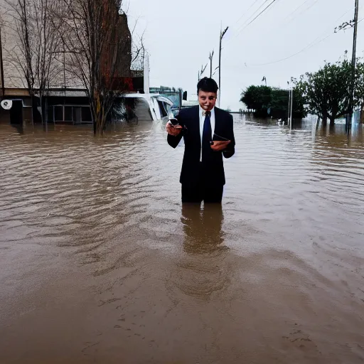 Image similar to A photo of a man in suit sitting on the top of a car in a flooded street, looking at his phone