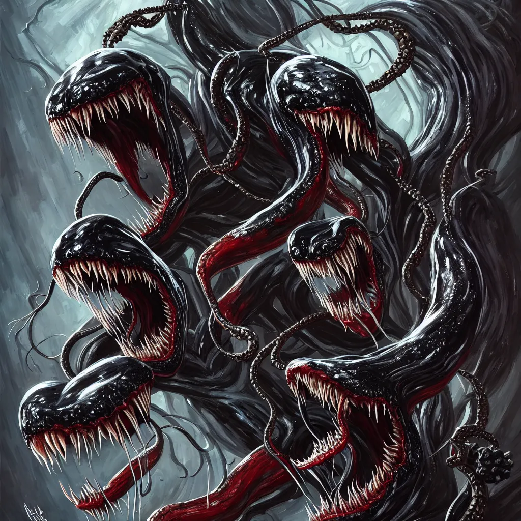 Prompt: venom from marvel comics!!!!, large mouth with teeth, lovecraftian horror!, surrealism, fantasy, intricate, elegant, highly detailed, digital painting, artstation, concept art, matte, sharp focus, illustration, art by keith thompson and christopher lane