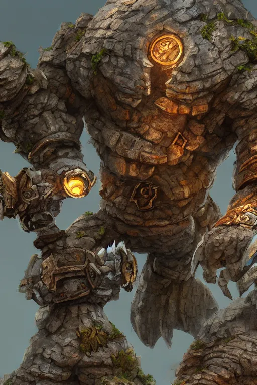 Image similar to zelda fantasy art giant golem troll wood rock greeble gemstone, global illumination ray tracing hdr fanart arstation by sung choi and eric pfeiffer and gabriel garza and casper konefal