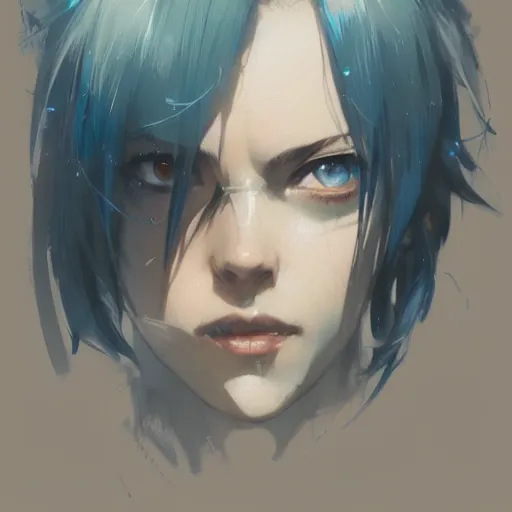 Image similar to realistic portrait of Sinon from sword art online, short blue hair, dramatic lighting, illustration by Greg rutkowski, yoji shinkawa, 4k, digital art, concept art, trending on artstation