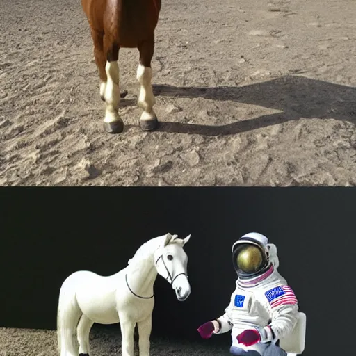 Image similar to photo of astronaut standing on all fours with a cute dappled horse which is sitting on his back in saddle