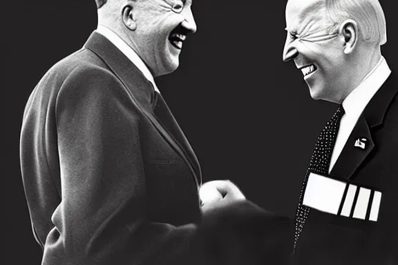 Image similar to “ very very intricate photorealistic photo of hitler and joe biden laughing together, detailed natural lighting, award - winning crisp details ”