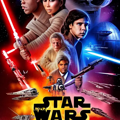 Prompt: super detailed star wars movie poster with ben shapiro, snooki and kim kardashian, 8k full HD photo, cinematic lighting, anatomically correct, oscar award winning, action filled, correct eye placement,