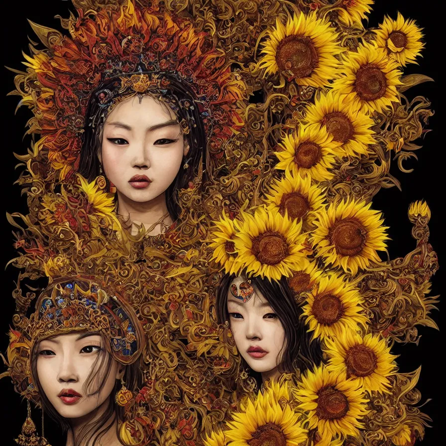 Image similar to Sunflower Chinese goddess-queen and her open third-eye, wearing an helianthus crown and a black brown and yellow dress, colourful, dark-red background, surreal, dramatic lighting, face, detailed, intricate, elegant, highly detailed, digital painting, artstation, concept art, smooth, sharp focus, illustration, art by Sam Spratt, Dan Mumford, Artem Demura and Alphonse Mucha