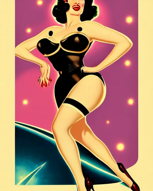 Image similar to a retro sci - fi pinup illustration of dita von teese in the style of alberto vargas and in the style of gil elvgren.