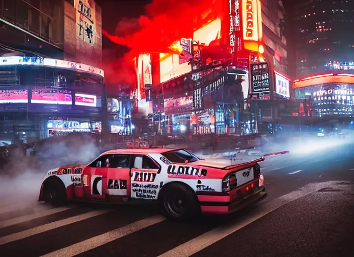 Prompt: a racing tractor drifting around the corner, smoke emanating from it's spinning wheels and exhaust. In a game of Need For Speed:Underground. moody cinematic lighting, high shutter speed, night, manga, Shibuya Crossing