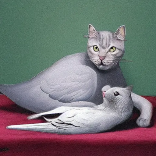 Image similar to cat playing with the dove of peace, photorealistic, detailed