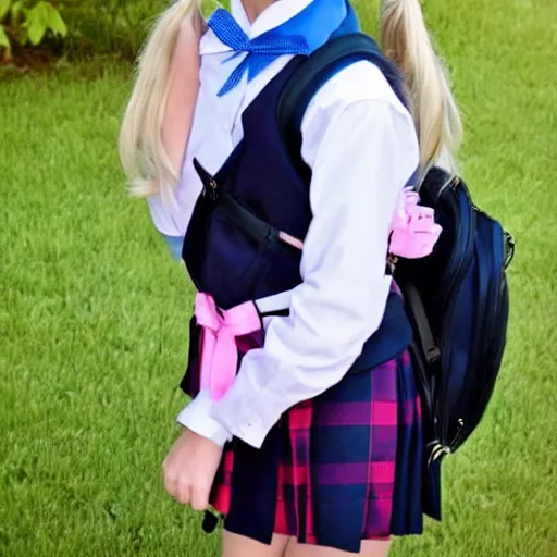 Prompt: beautiful girl, blonde hair in pigtails, with ribbons, schoolgirl uniform with tie, carrying a large backpack
